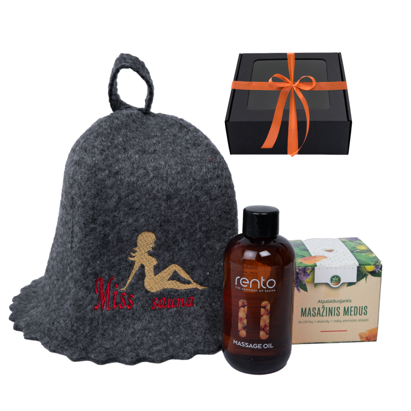 Dárková sada MISS SAUNA v dárkovém balení. Klobouk do sauny, masážní olej a med