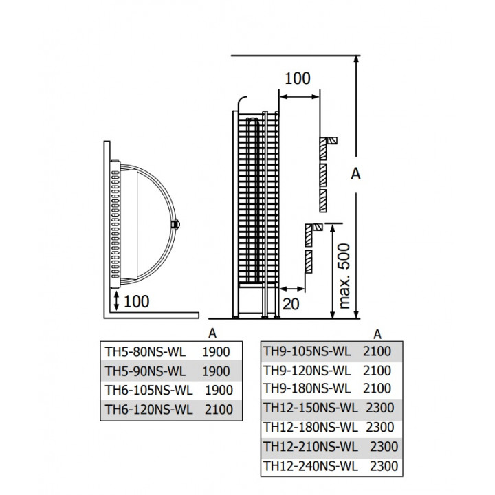 Elektrická saunová kamna – SAWOTEC Tower Wall, bez řídicí jednotky 6 kW