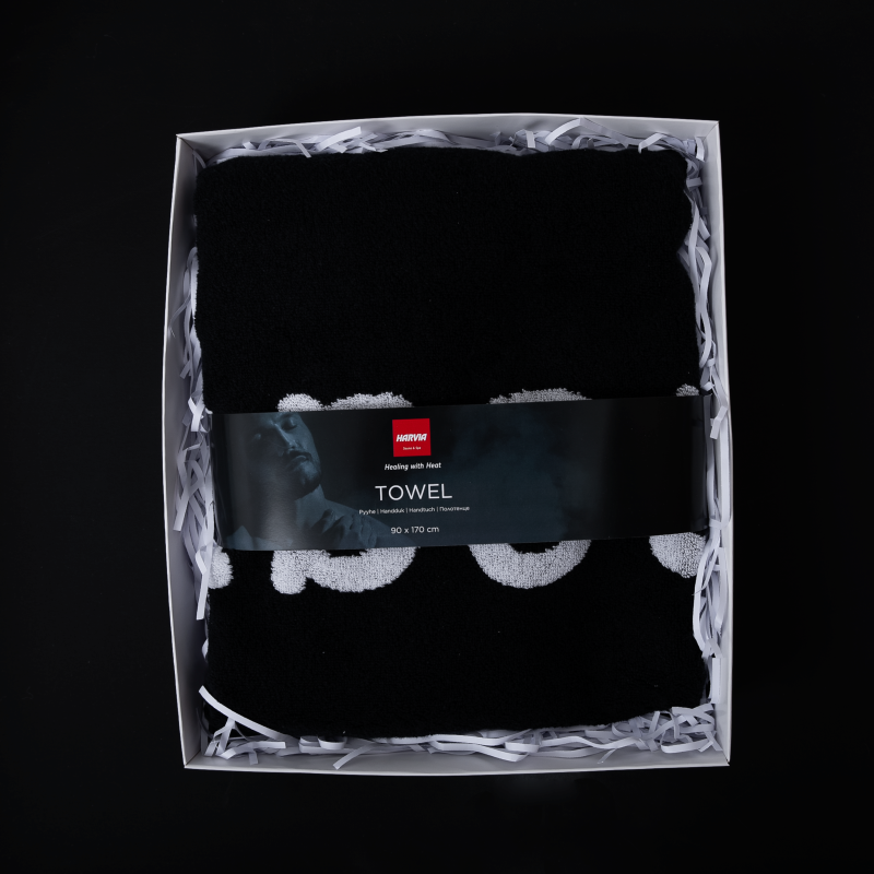 Ručník HARVIA #healingwithheat v dárkovém balení, 90 x 170 cm, černý