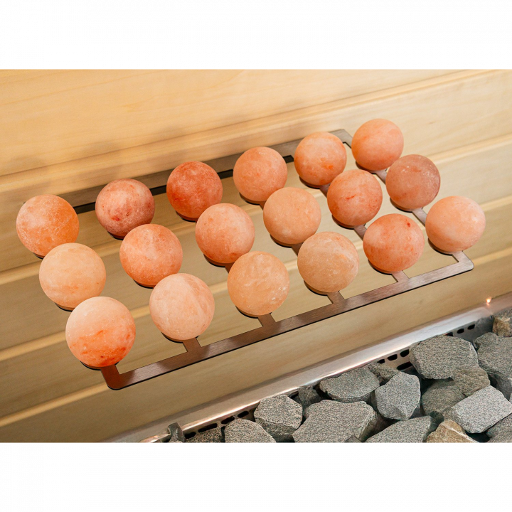 Solné koule SAUFLEX do sauny – sada 18 kusů se stojánkem