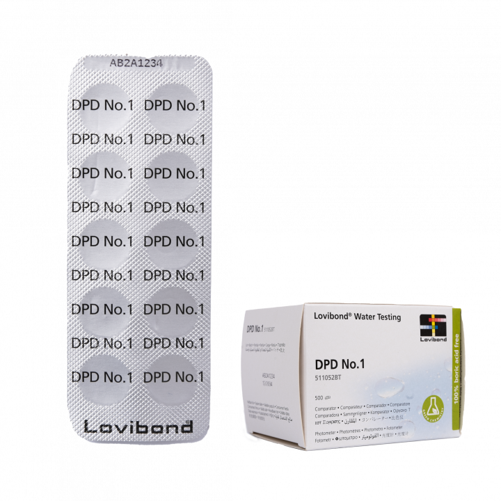 Tablety pro testování vody DPD 1, pro fotometrické stanovení obsahu chloru a bromu, 10 tablet