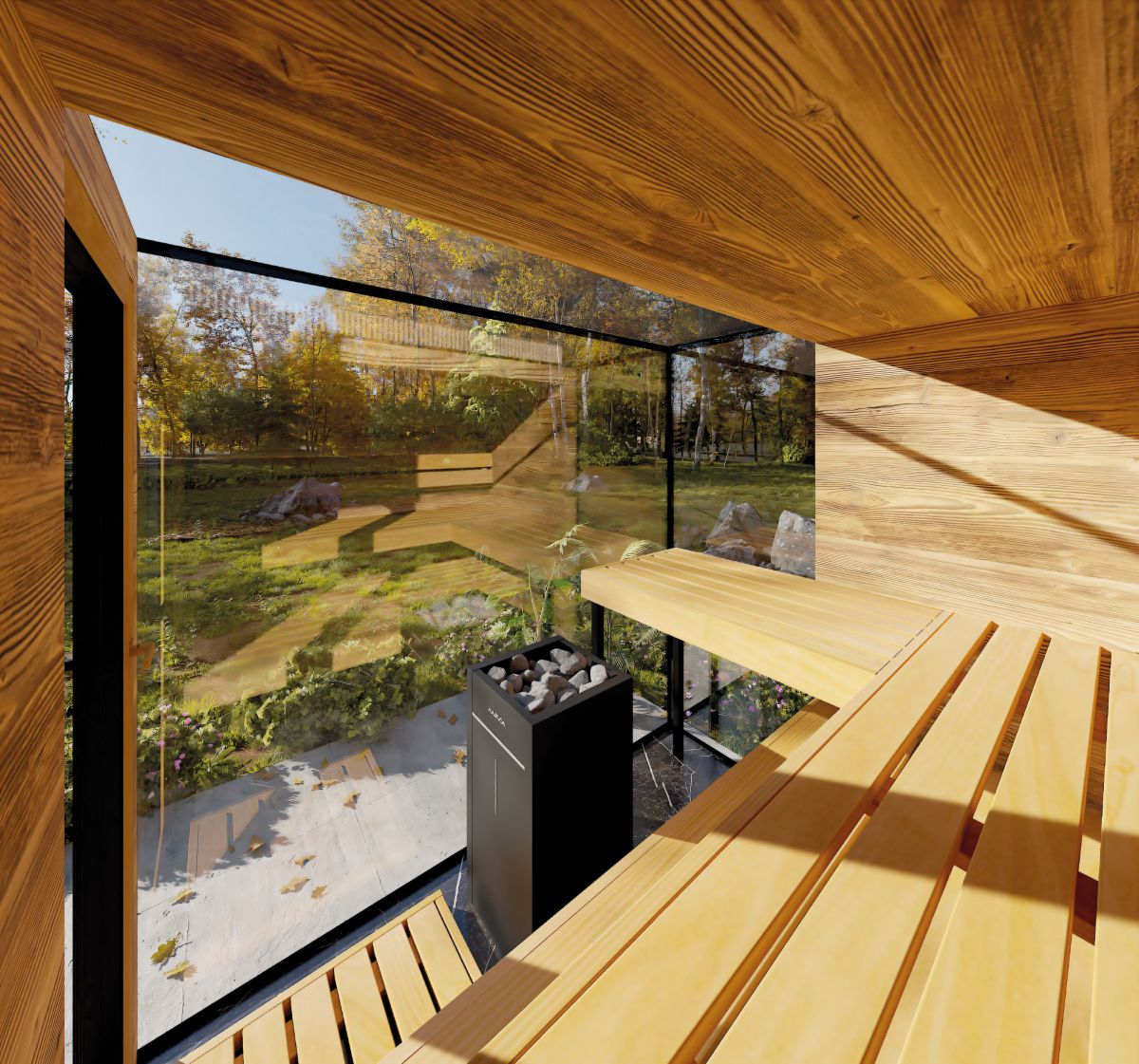 The interior of the sauna features wooden benches and glass walls offering views of the green landscape, while a stove with stones is installed in the corner.